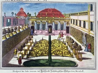 I giardini del Parco Mirabelle, Salisburgo, Austria, inciso da Karl Remshardt (1678-1735) c.1720